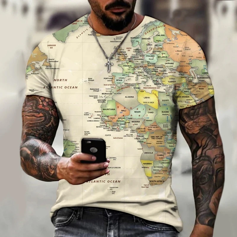 New Fashion World Map Printed Men's T-shirt Street Fashion Harajuku Round Neck Short Sleeve Comfortable Large Top