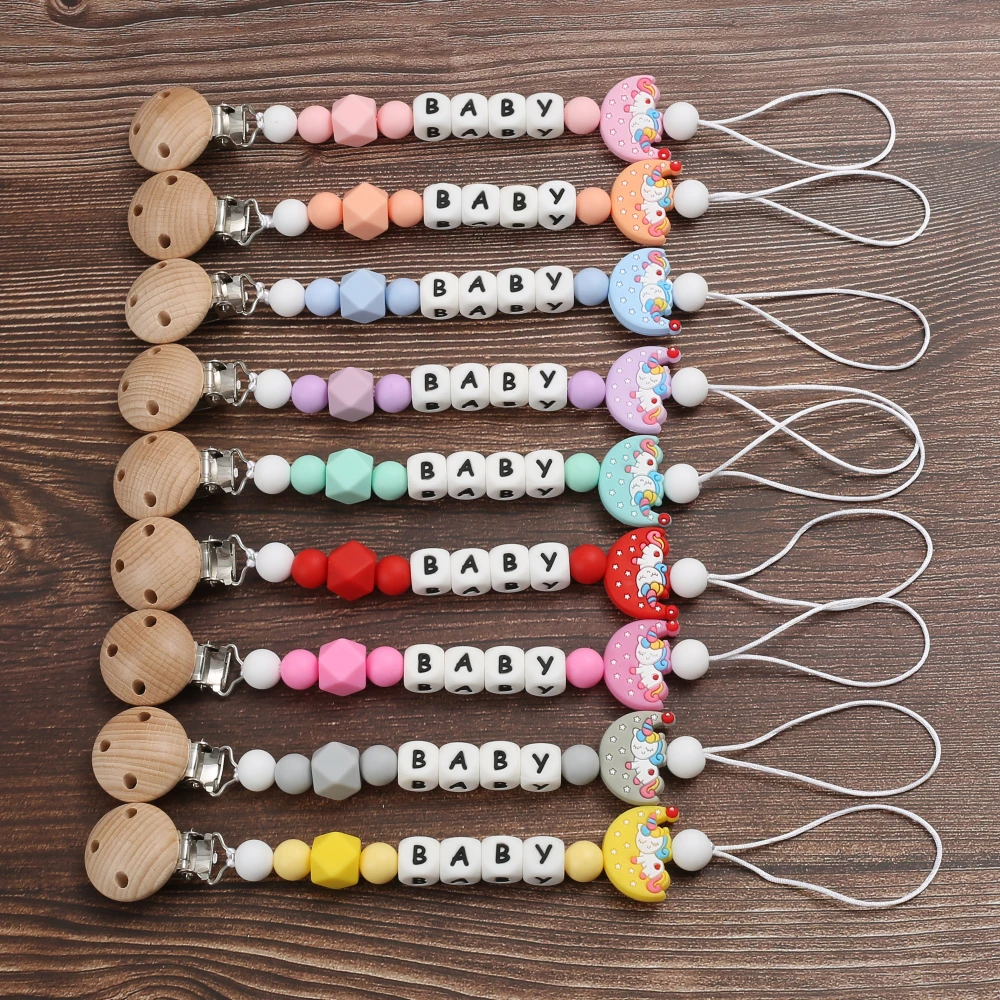 Personalized Name Baby Pacifier Clips Cartoon Moon Silicone Teether Nipple Chain For Nursing Chew Toys Baby Dummy Holder Chain