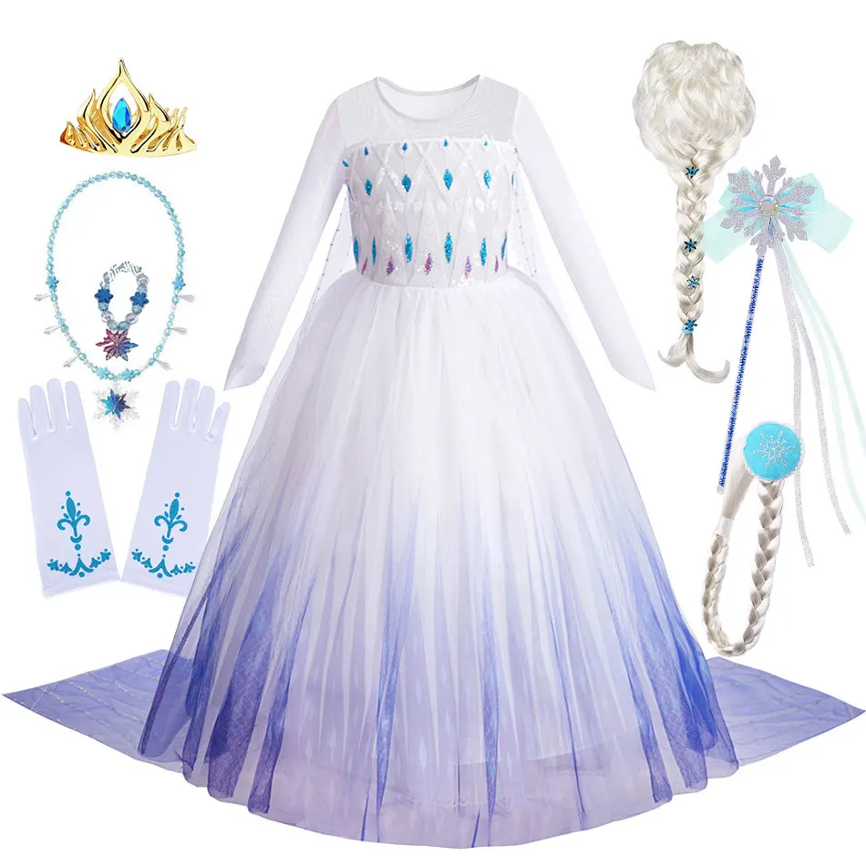 Disney Kids Frozen Birthday Party Princess Dress White Elsa Sequined Mesh Vestidos Halloween Cosplay Snow Queen Carnival Costume