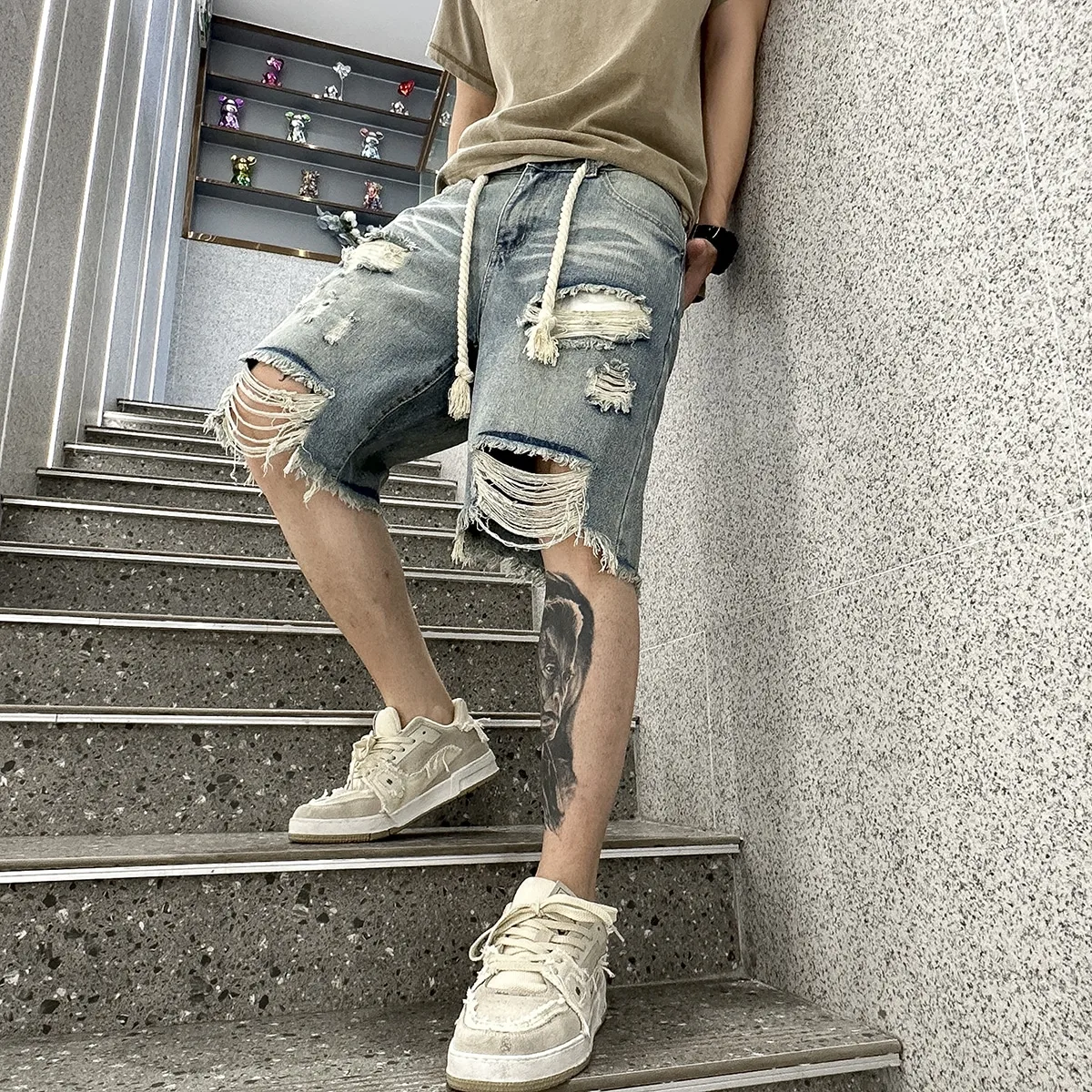 Men Summer Stretchy Denim Shorts Jeans for Men Streetwear Style Ripped Denim Shorts with High Stretch Knee Baggy Comfort Pants