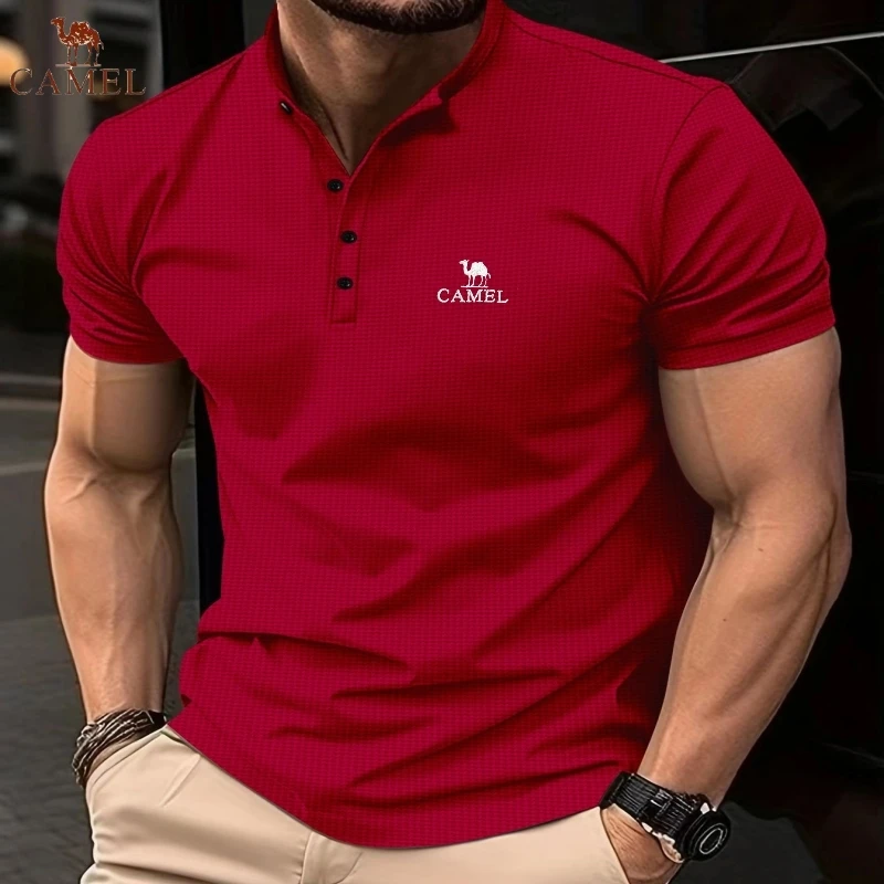 High End Embroidered CAMEL Stand Up Collar Waffle Polo Shirt Summer Men's Business Casual Breathable Short Sleeved T-shirt Top