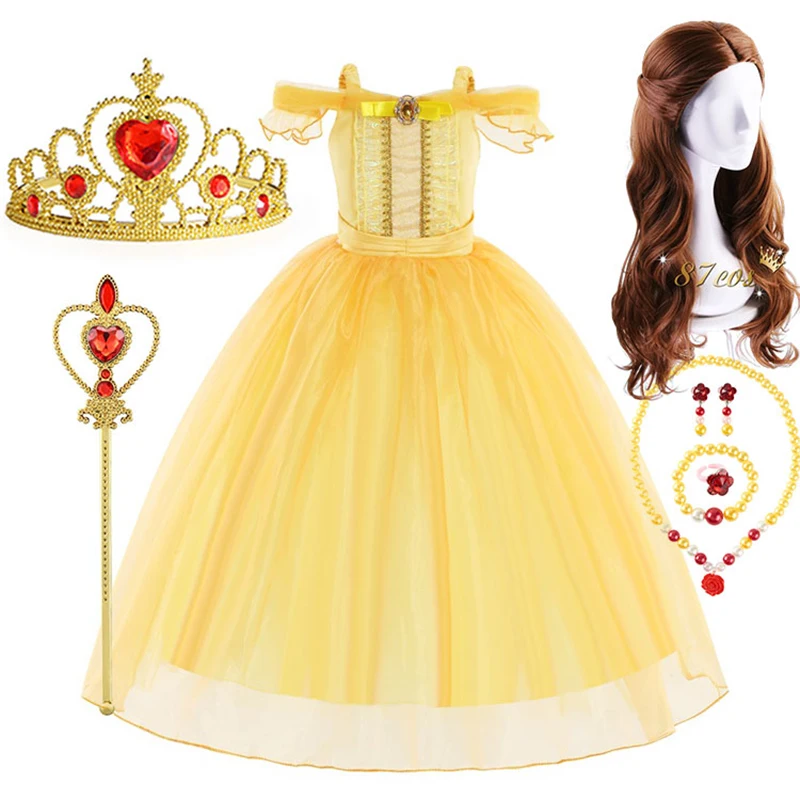 Disney 2024 Girls Beauty and the Beast Classic Belle Princess Cosplay Costume Child Fairy Tale Clothing Party Carnival Vestido