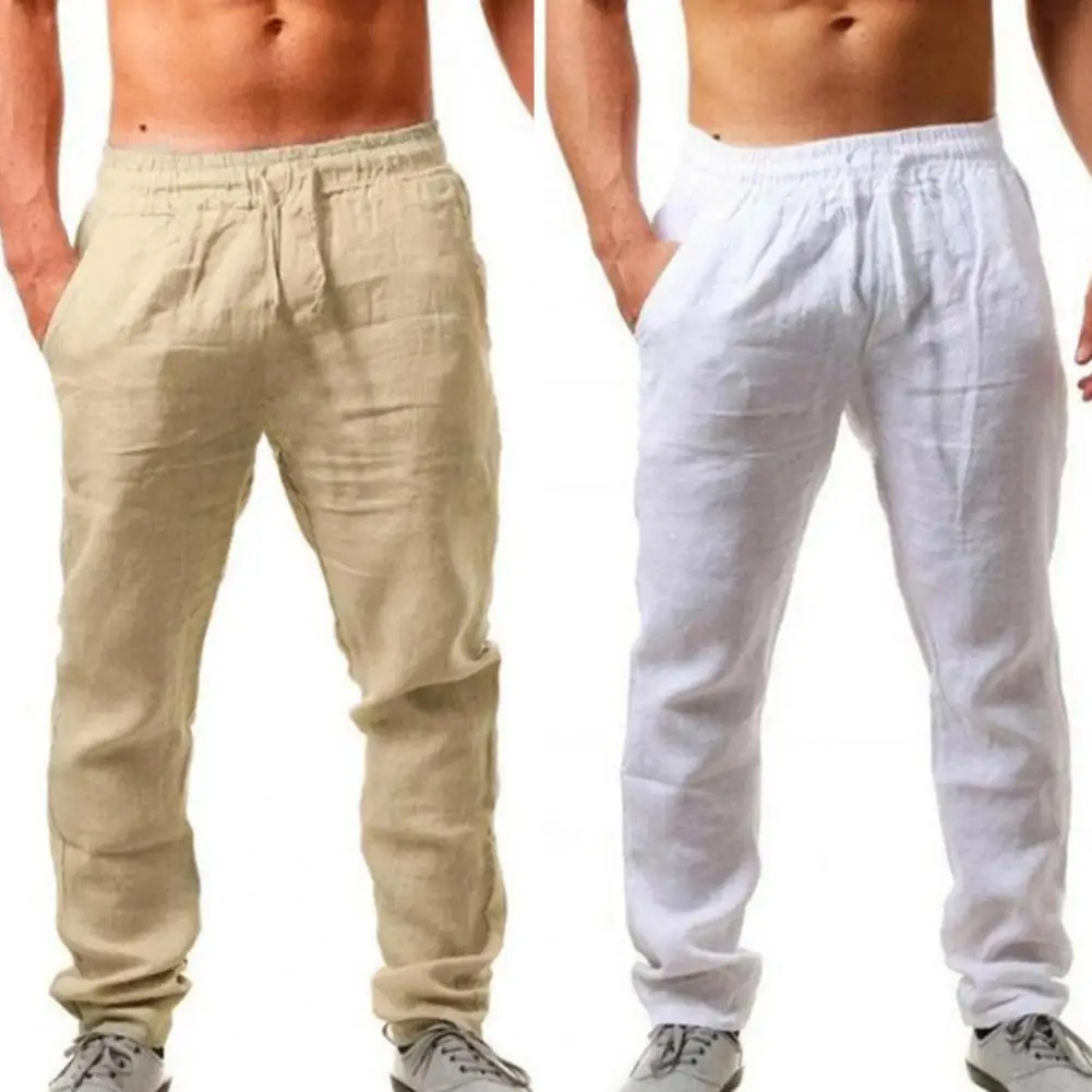 Mens Thin Style Cotton White Cargo Pants Male Spring New Breathable Solid Color Linen Trousers Fitness Streetwear Pantalon Homme