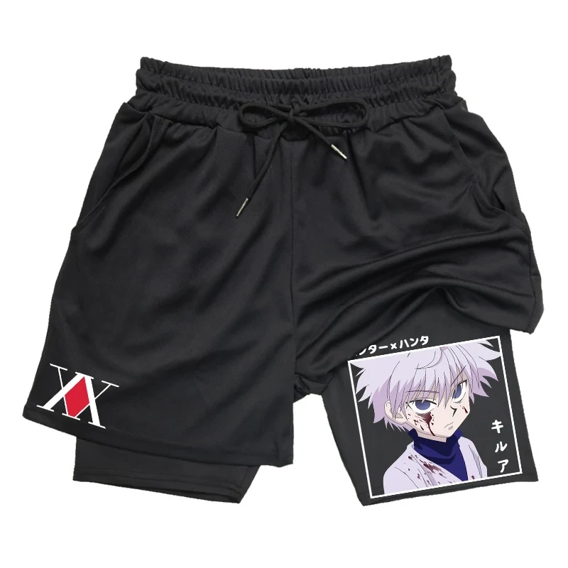 Mens 2-in-1 Athletic Gym Shorts Anime Hunter X Hunter Print Quick Dry Stretchy Active Shorts Fitness Workout Running Sportswear