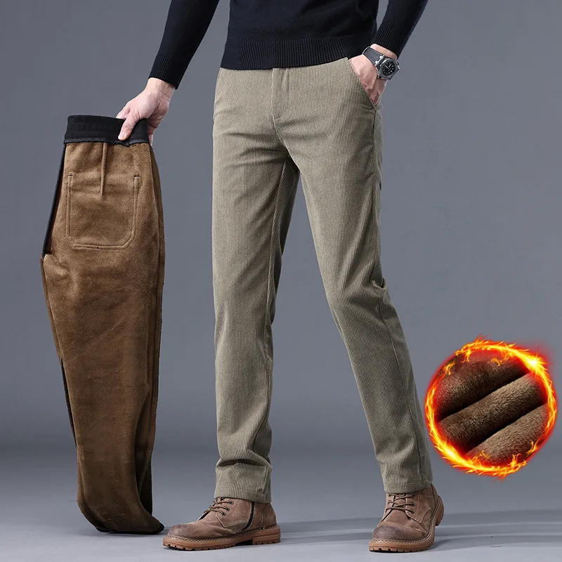 2023 Men Thermal Winter Snow Warm Plush Pants Men Business Loose Straight Corduroy Casual Pants Men Fleece Thick Long Trousers