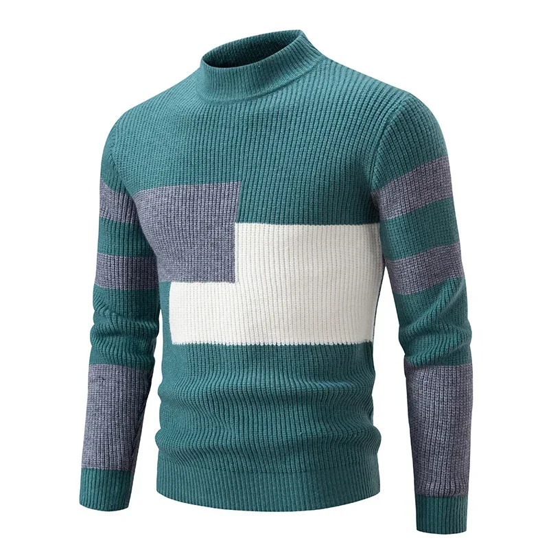 Men's Autumn Winter New Mock Neck Pullovers Fashion Patchwork Knitted Warm Sweater Man Slim Fit Casual Knitwear Sweaters Tops