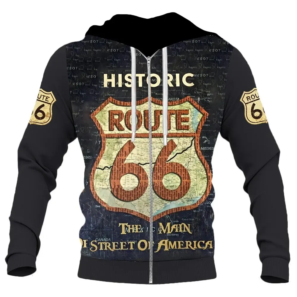 2024 New Fashion Men's Zipper Hoodie Route 66 Motorcycle Printed Jacket Outdoor Casual Men's and Women's Large Size Sweatshirt