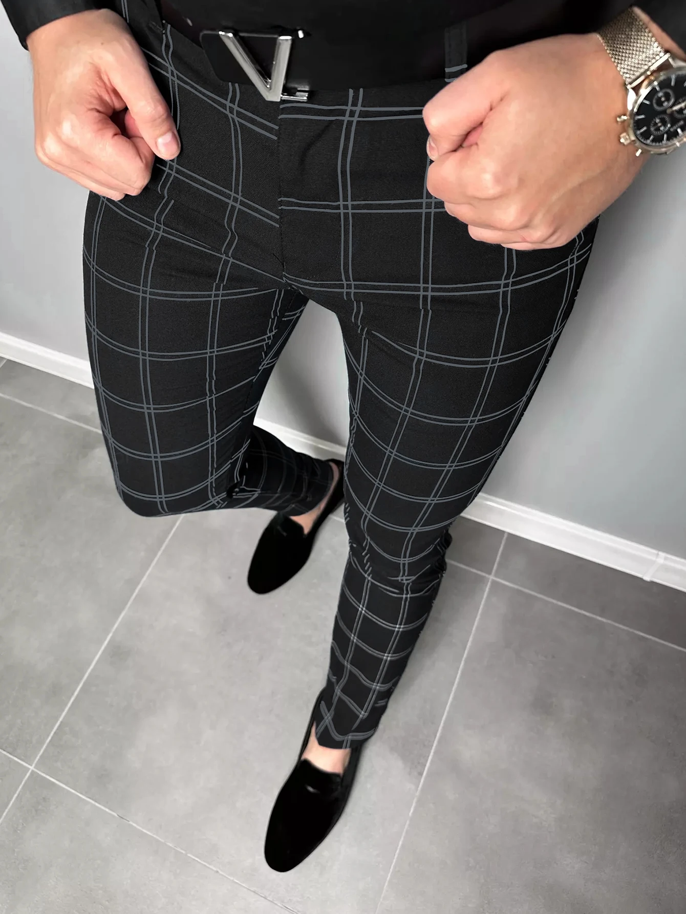 Checkered Fashion Europe and the United States Style Men's Pants Business Casual Travel Slim Pants Comfortable and Versatile