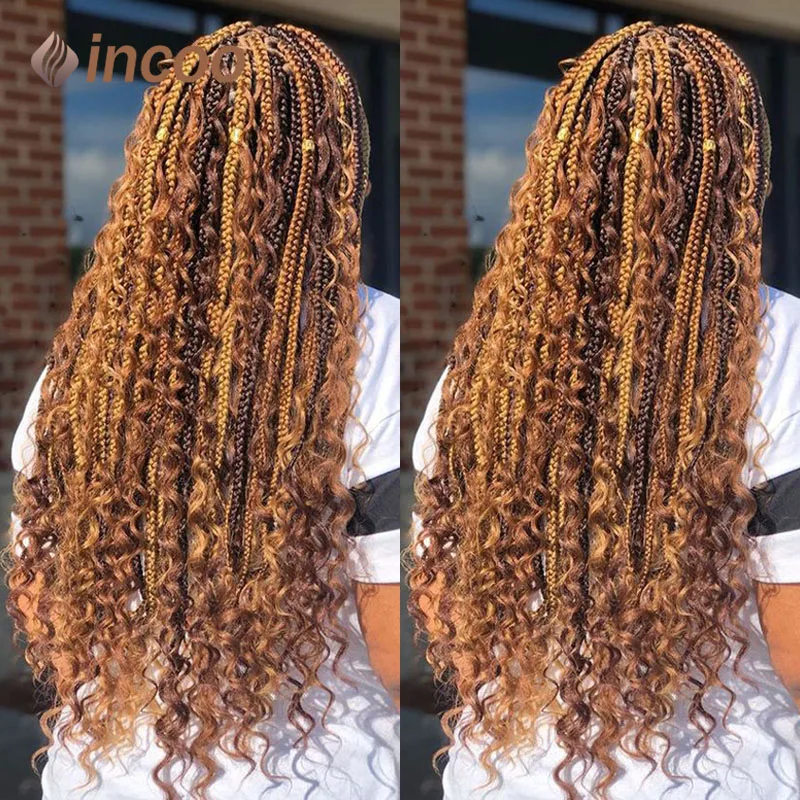 Blonde Bohemian Box Braids Wigs With Curly Hair Synthetic Braid Lace Frontal Wigs Goddess Locs Braided Wigs Burgundy Hair 32"