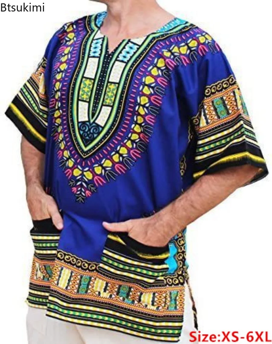 2024 African Dashiki Cotton Shirts Men Festival Clothing Fashion Retro Short Sleeve Print Shirts Bohemian Craft Clothes Shirts