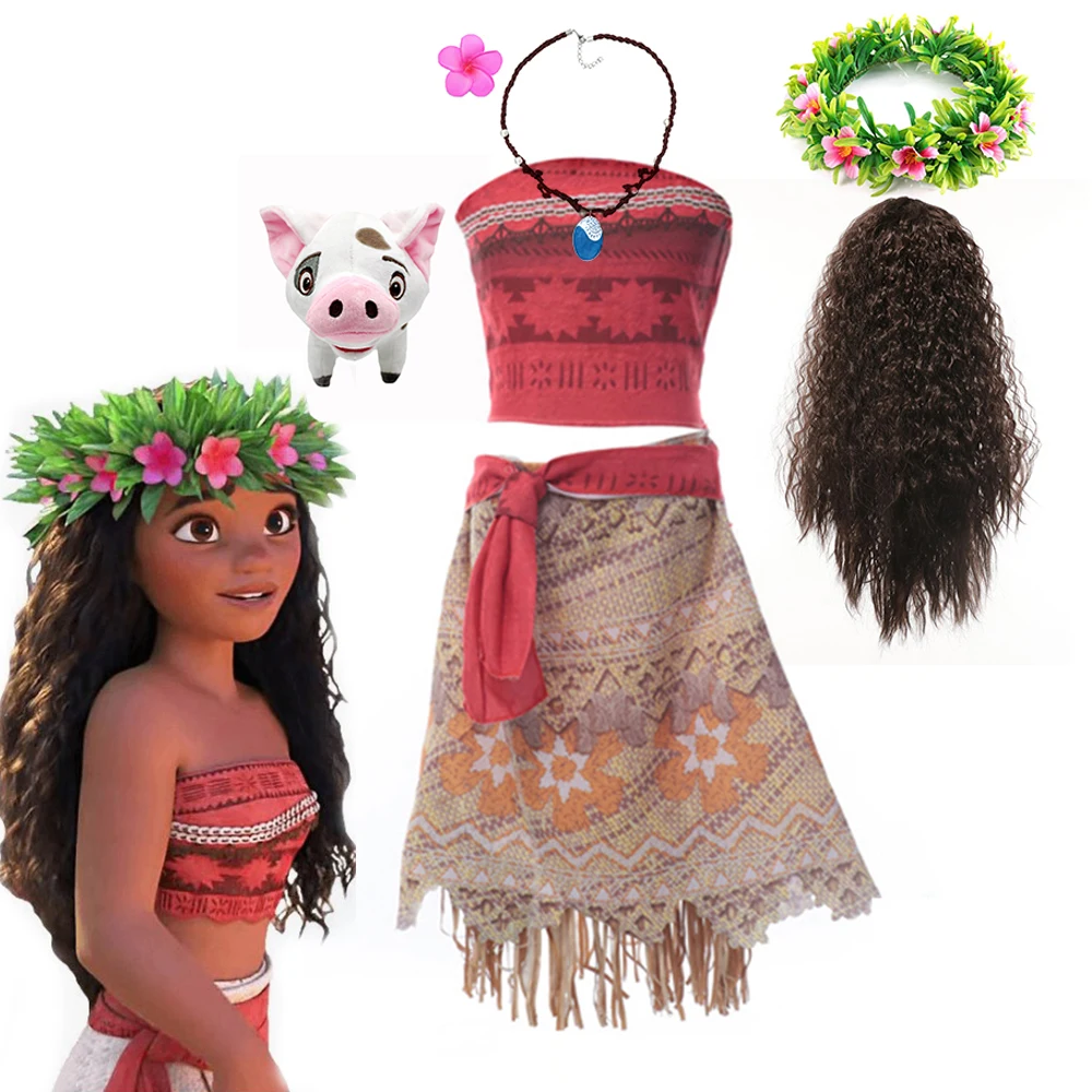 Disney Moana Dress Kids Cosplay Girls Princess Vaiana Dress Children Birthday Party Costume with Necklace Pet Pig Chick Sets