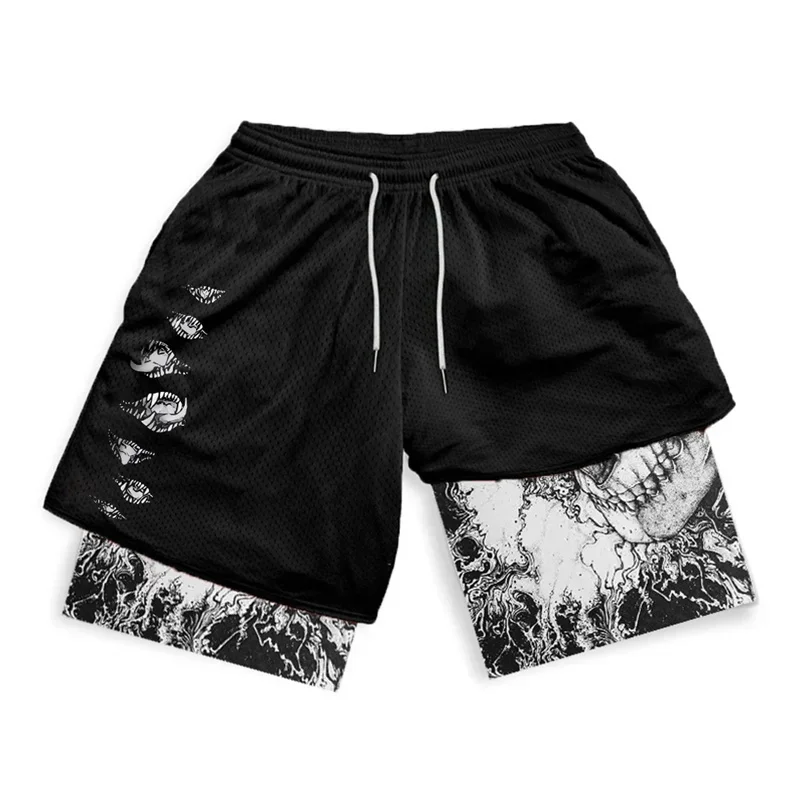 Stylish Anime Berserk 2 in 1 Compression Shorts for Men Athletic Gym Shorts Quick Dry Stretchy Training Running Fitness Workout