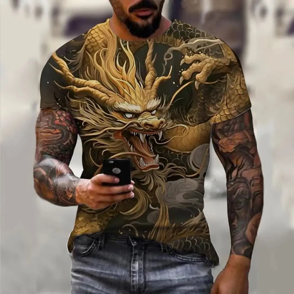 Summer Men Fun 3d Printed Dragon Pattern Casual Street Personality Creative O Collar Short Sleeve Baggy Plus Size Fashion Top