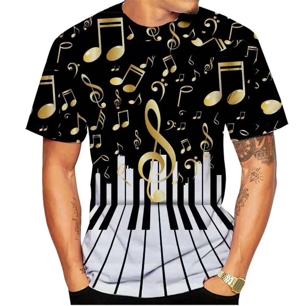 Summer Men's Fashion Street 3d Printed Music Note Pattern T-Shirt Personality Loose Sport Plus Size O Collar Breathable Top