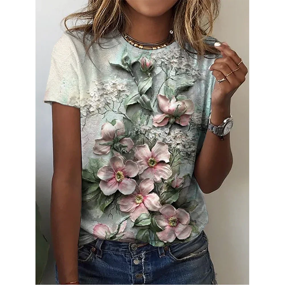 Summer Hot selling New fashion 3D Flower Print Women O-Neck T-Shirts Short Sleeve Casual Street Tee Loose Clothes Female Clothin