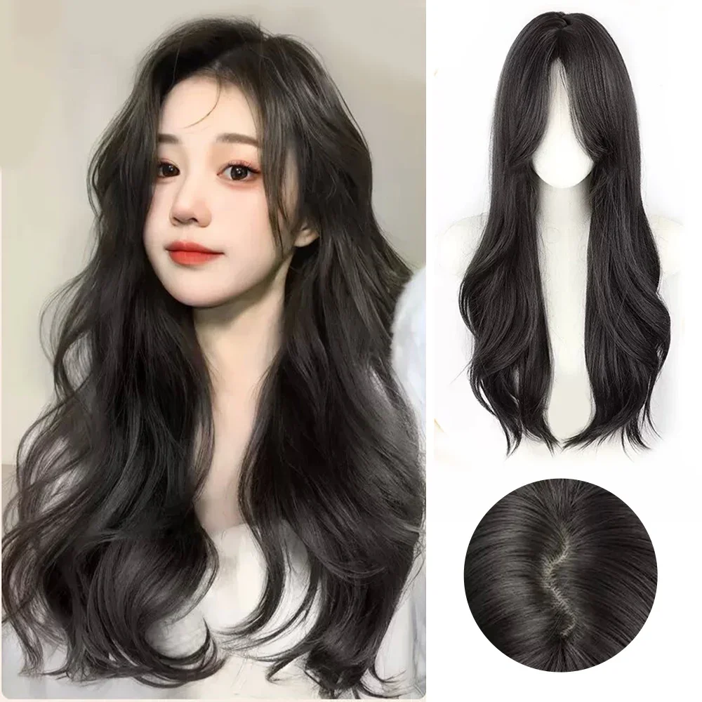 Main ALXNAN Long Wavy Synthetic Wigs for Women Natural Black Wigs with Bangs Daily Cosplay Party Heat Resistant Fake Hair image