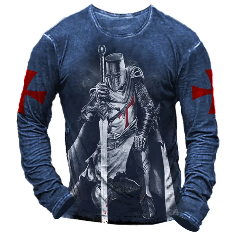 Templar Knight  Print Retro Fashion Casual Men's Round Neck Long Sleeve Street Hip Hop Extra Large Speed Drying Wearing T-shirt