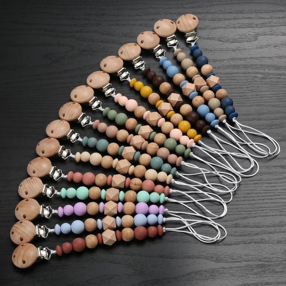 1Pcs Beech Baby Pacifier Clips Silicone Wood Beaded Dummy Holder Chain For Baby Soother Appease Nipple Chain Infant Supplies