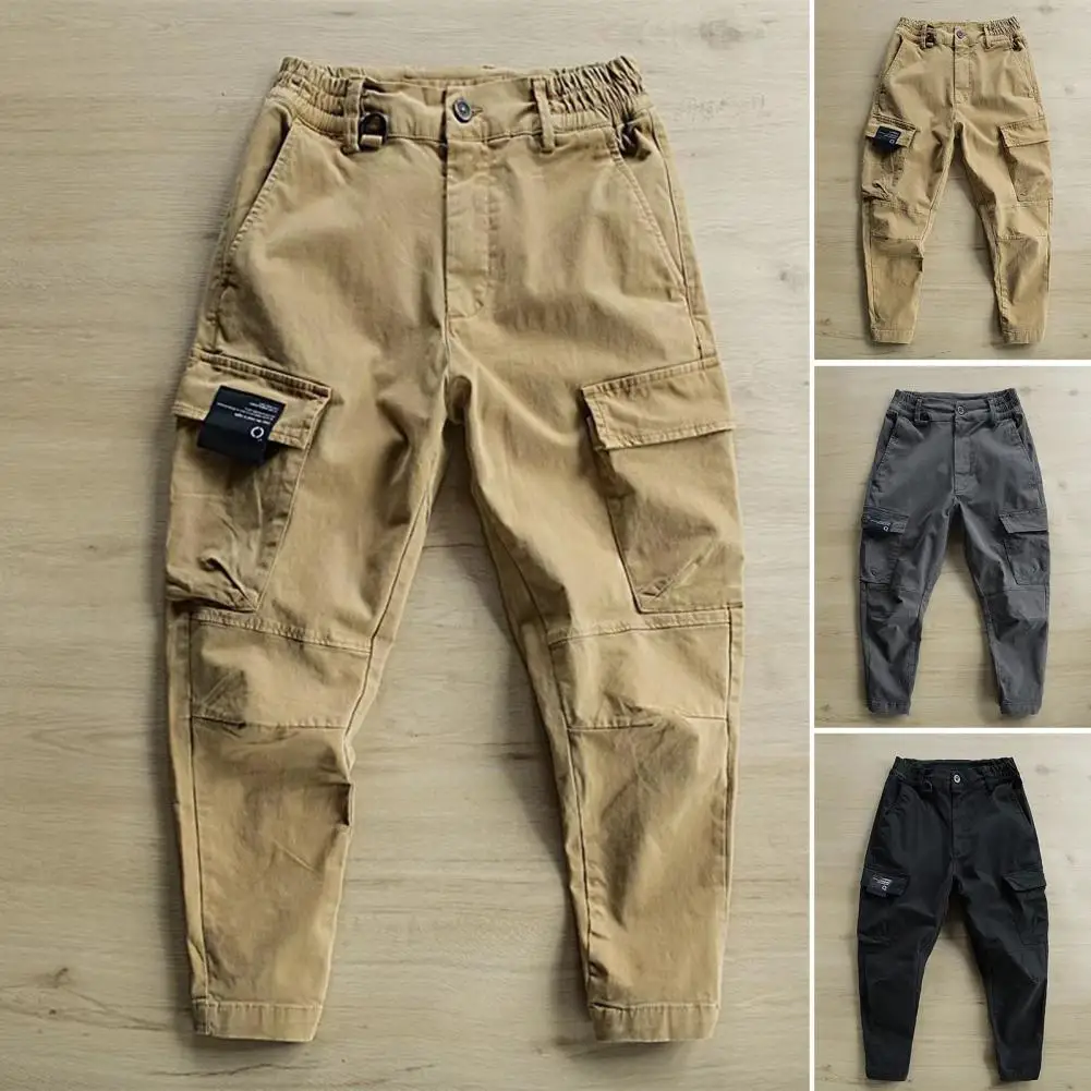 Great Solid Color Mid-Waist Male Sweatpants Skin-Touch Cargo Pants Multi Pockets Mid-Rise Men Cargo Pants for Trekking