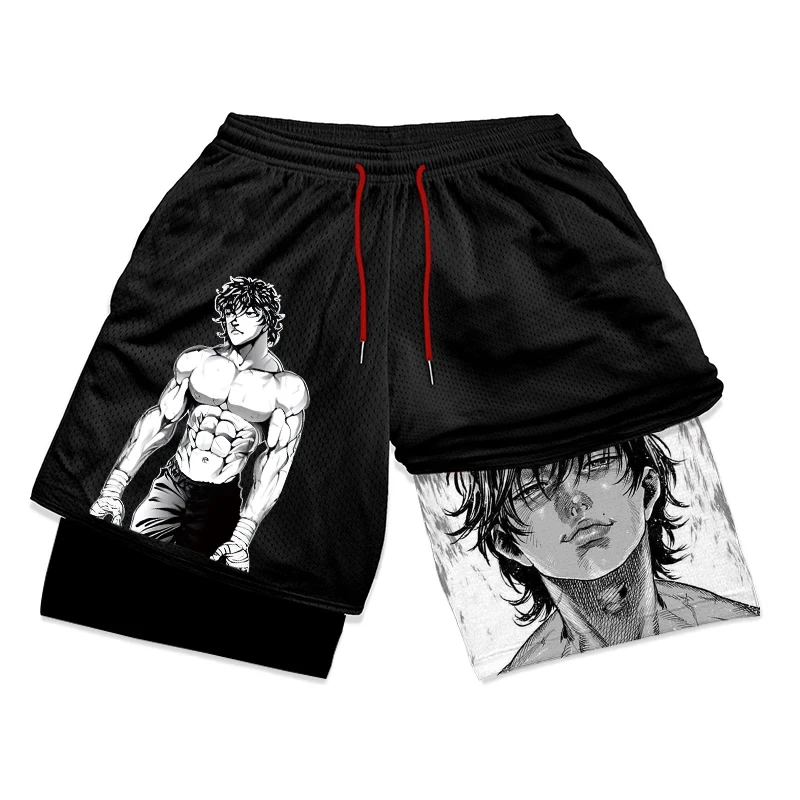 Anime Baki Hanma Gym Workout Shorts for Men Athletic Quick Dry 2 in 1 Compression Shorts Cosplay Costume