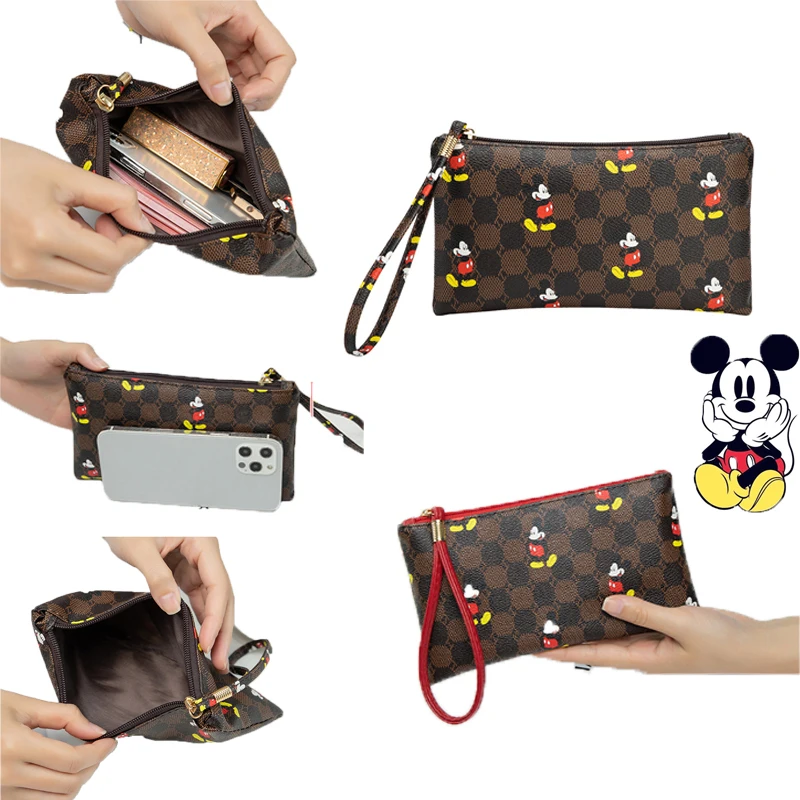 Mickey Long Wallet PU Material Leather Bag Disney Cartoon Print Retro Fashion Wallet Mobile Phone Zipper Bag Women's Clutch Bag