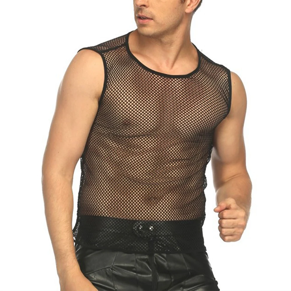 Sexy Men's Fishnet Transparent Tank Tops Vest O Neck Sleeveless Solid Black Mesh String Vest Slim Tees T Shirt Vests Tanks