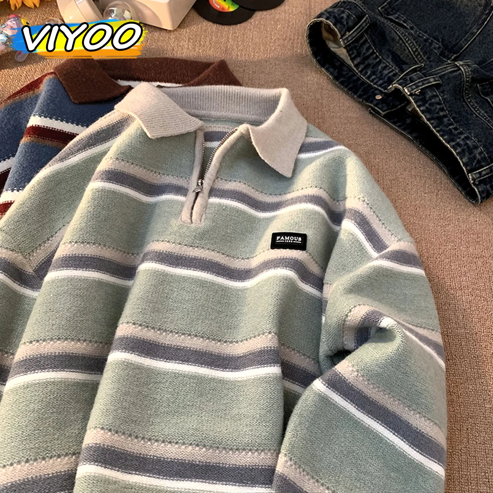 Japan Men's Y2K Knitted Warm Polo Knit Striped Turtleneck Sweater Shirts Winter Streetwear Knitwear Korean Clothes Jumper Men