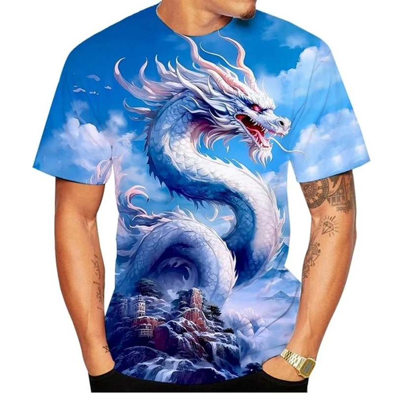 2024 New 3D Men's T Shirt Chinese Dragon Graphics Print Short Sleeve Tees Summer Casual O-neck Oversized Street Men Clothing Top