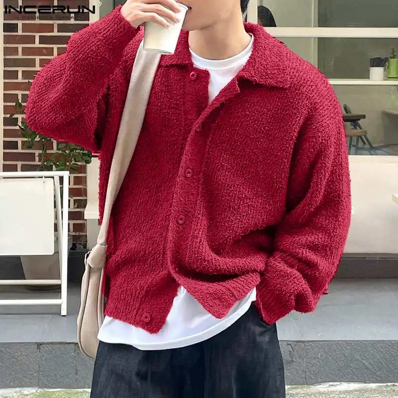 INCERUN Men's Cardigan Solid Knitted Lapel Long Sleeve Button Casual Male Sweaters Streetwear 2024 Fashion Men Clothing S-5XL