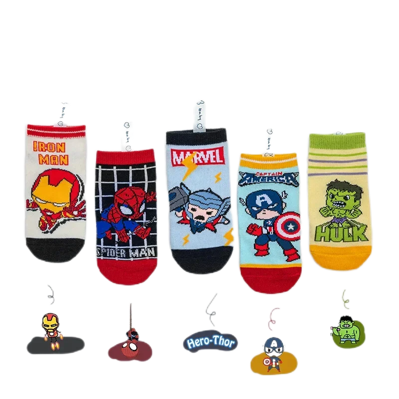 5 Pairs Spiderman Children Socks Anime Kids Boys Short Sock Iron Man Captain America Cartoon Baby Summer Spring Boat Socks 1-12Y