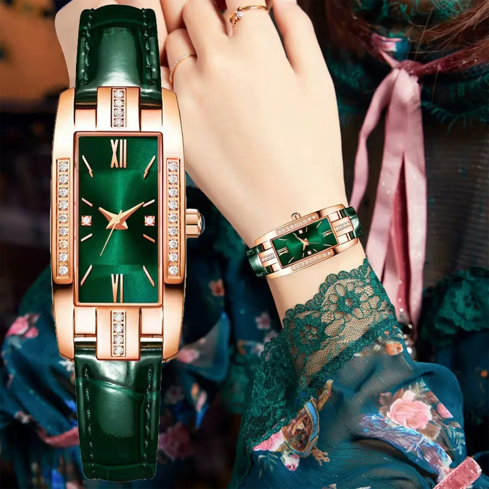 High Quality Classic Retro Women Belt Quartz Square Green Quartz Watch Student Women Wear Clock Luxury Style Montre Femme