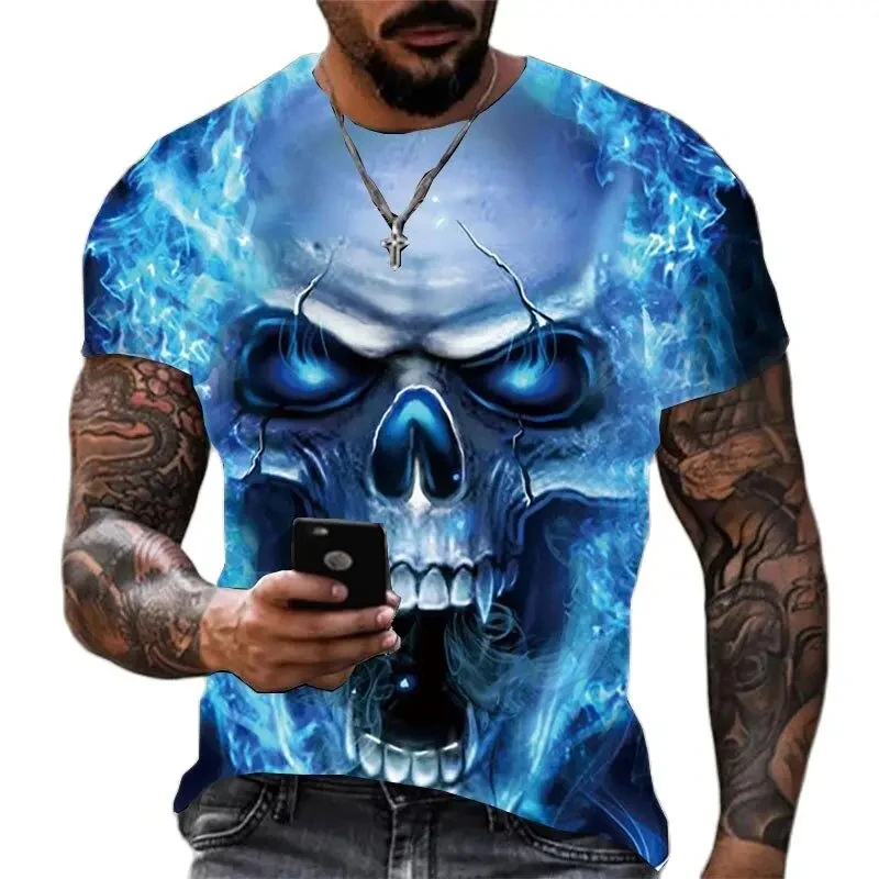 Gothic Skull 3d Print Men's T-shirt 2024 Summer New Fashion Street Hip Hop Culture Oversized Round Neck Breathable T-shirt Y2K