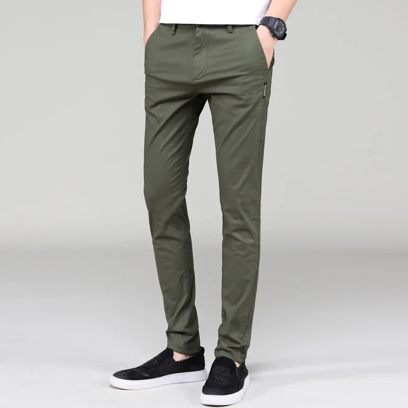 Men's Lightweight Casual Pants Slim Fit Classic Straight Trousers Summer Cotton Joggers Solid Army Green Stretch Pants Male