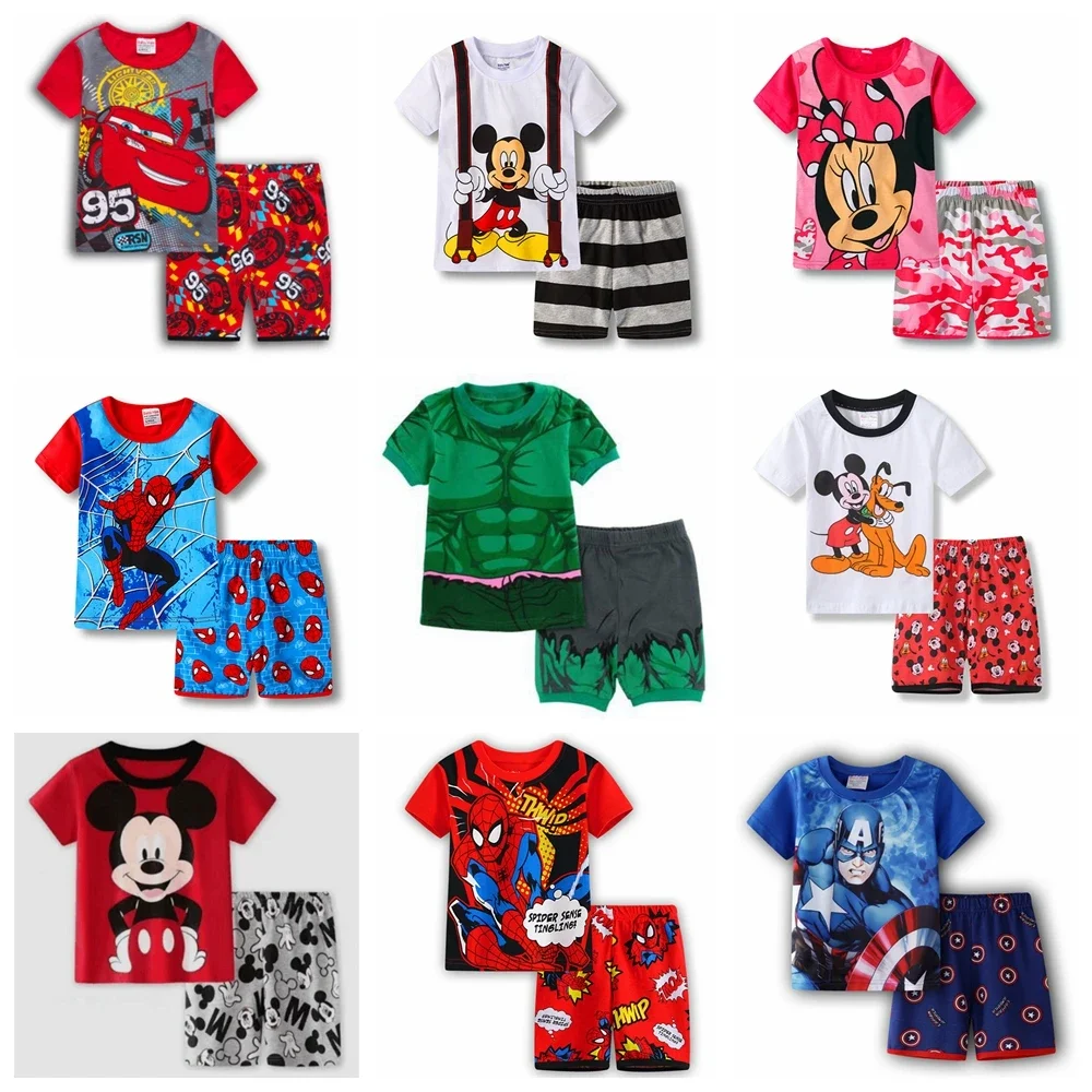 New Summer Mickey Mouse Pajamas Set Kids Boys Clothing Sets Children Girls Pyjamas Spiderman Sleepwear Toddler Frozen Top Pants