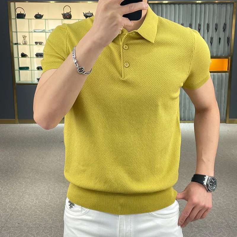 2024 Casual Knitted Polo Shirt Men's Leisure Solid Color Turn Down Stretch Short Sleeve T-Shirt Breathable Light Luxury A65