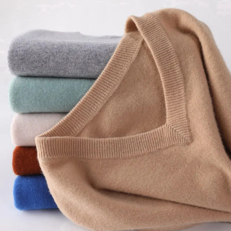 100% Soft Cashmere Sweater Men's Clothing Autumn Winter Pullover Business Casual Bottom V-neck Knitted Woolen