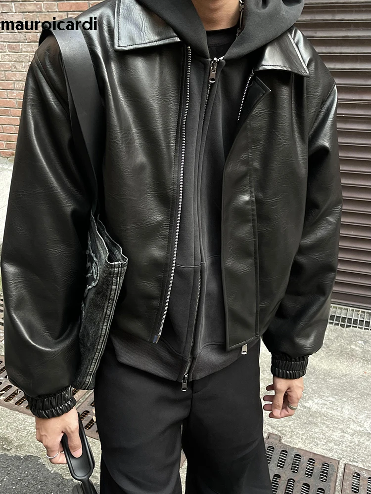 Mauroicardi Spring Autumn Cool Oversized Short Black Soft Pu Leather Jacket Men Zipper Luxury Designer American Vintage Clothes