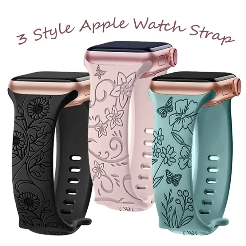 Engraved Strap for Apple Watch Band 44mm 45mm 49mm 40mm 41mm 38mm 42mm Silicone Floral Bracelet Iwatch Series 9 7 SE 6 8 ultra 2