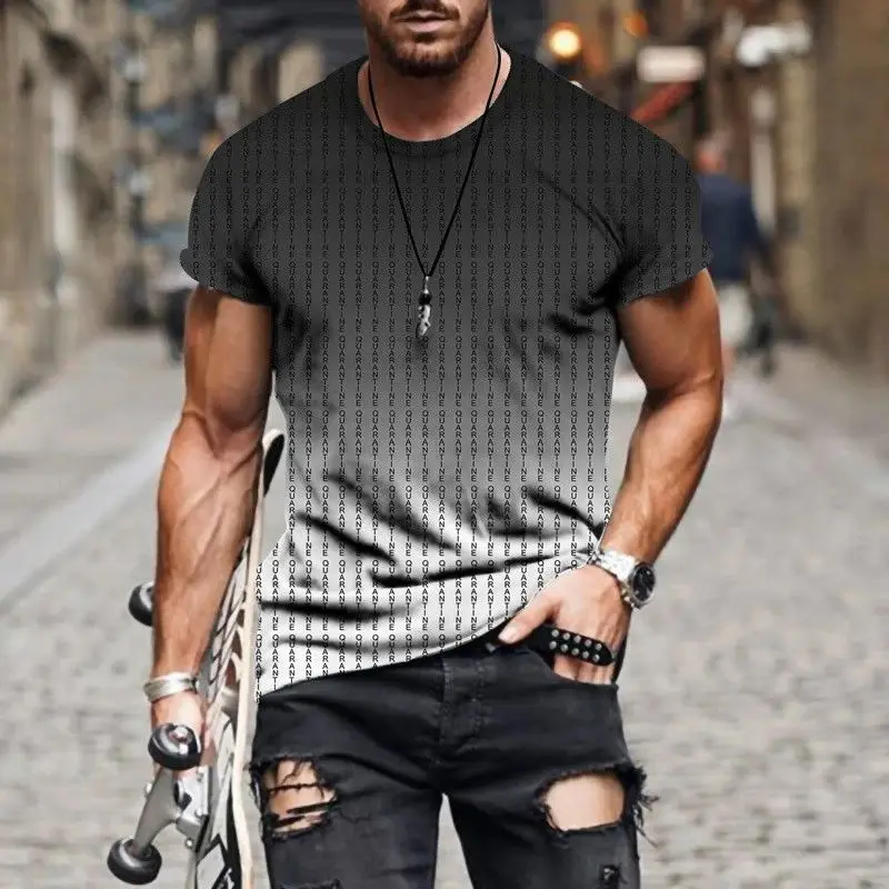 Summer Men Simple Daily Casual Loose T-Shirt Fashion 3d Printed Personality Street Large Size O Collar Short-Sleeved Clothing