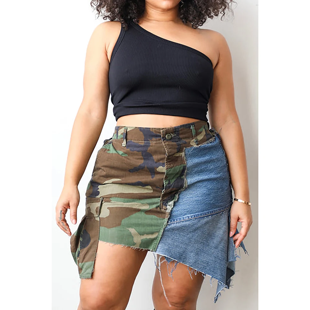 Main Plus Size Daily Skirt Army Green High Waist Camo Denim Patchwork Skirt image