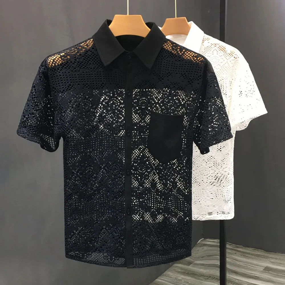 Mens Hollow Sexy Lace Short Sleeve Casual Shirt See-Through 2024 New Genderless Fashion Versatile Youth Trend Retro Shirt Unisex