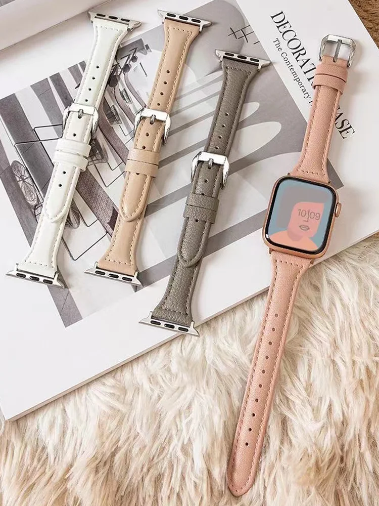 Slim Leather Strap For Apple Watch Band 44mm 40mm 41mm 49mm 42 45 mm wrist women bracelet iWatch serie 9 8 7 6 5 4 3 SE Ultra 2