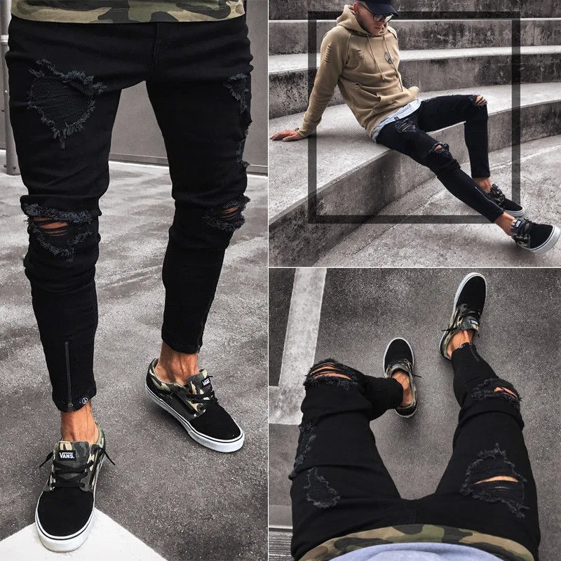 Men Jeans Pencil Pants Denim Holes Spliced Sheath Patchwork Mid Waist Washing Slim Slight Strech Ankle Length Moto Biker