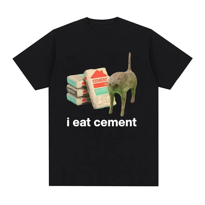 I eat cement curse cat funny meme printed crew-neck vintage T-shirt Everyday casual unisex short-sleeved top