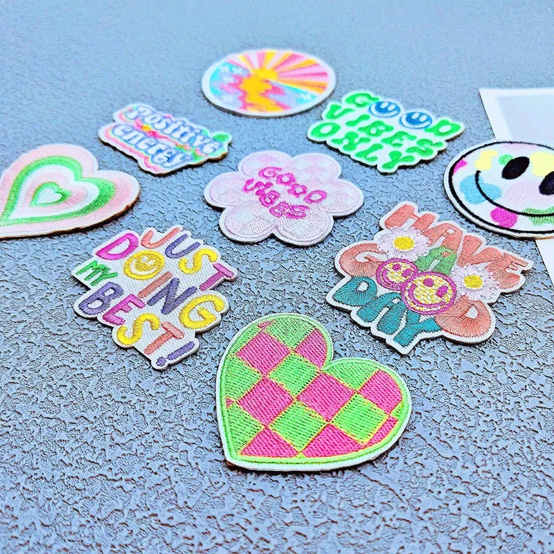 Charm Embroidery Patch Sunrise Happy Life Cloth Sticker DIY Fusible Iron on Badge Accessories for Clothing Hat Backpack Kid Gift