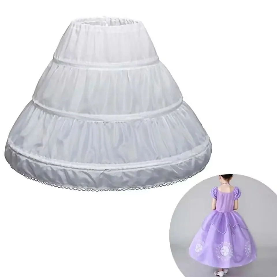 Main White Child Petticoat A-Line 3 Hoops One Layer Kids Crinoline Lace Trim Flower Girl Dress Underskirt Elastic Waist for Children image