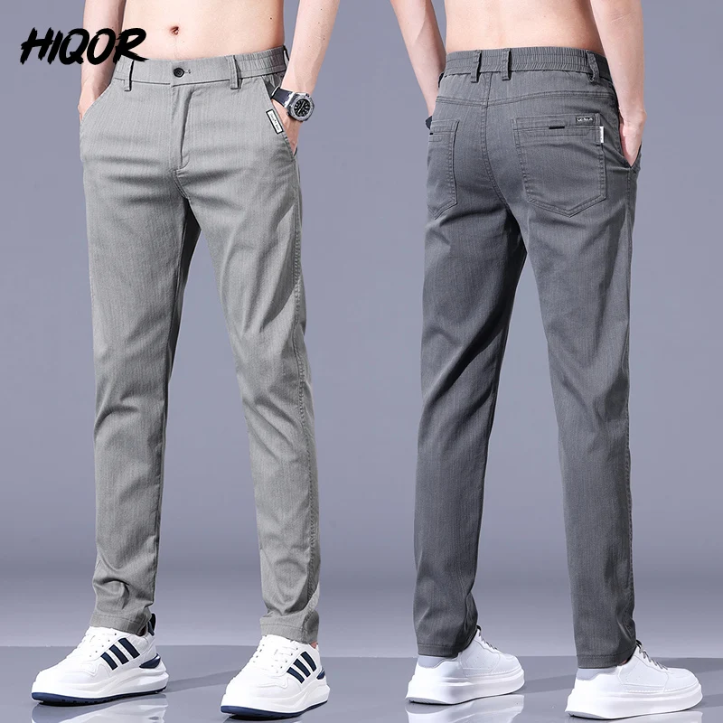 HIQOR Brand Men High Elasticity Casual Pants Slim Elasticity Waist Straight Trousers Spring Summer Thin Pantalon Men's Clothing