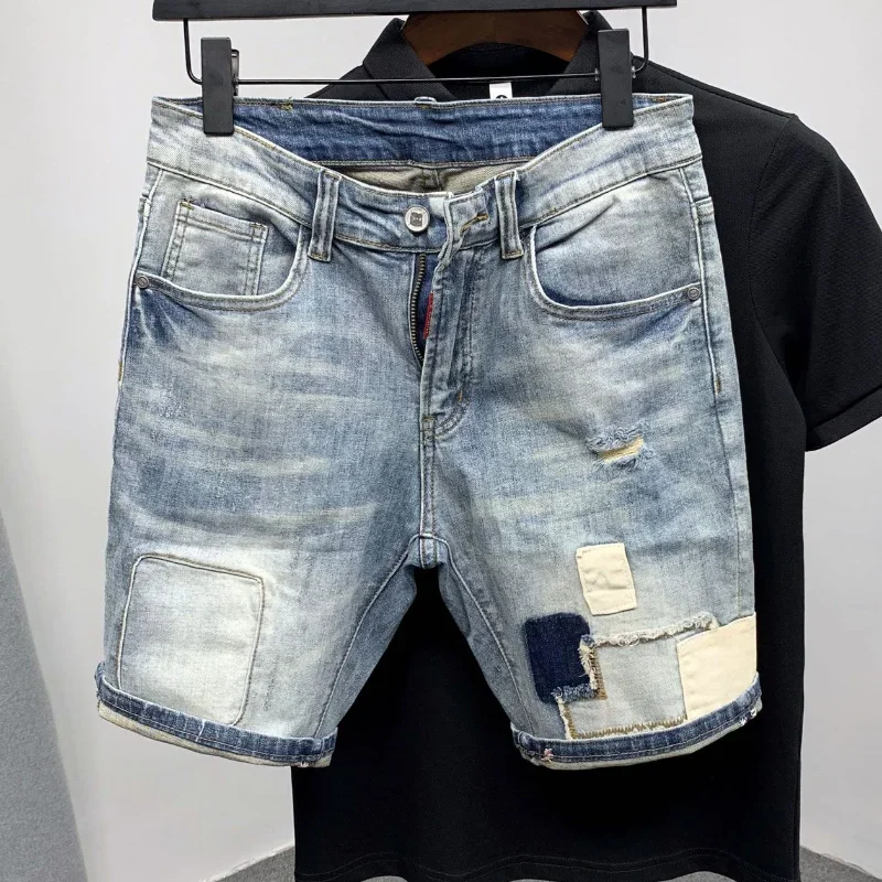 Male Denim Shorts with Pockets Blue Men's Short Jeans Pants Ripped Spliced New in Jorts Harajuku Korean Fashion Cowboy Thin Y2k