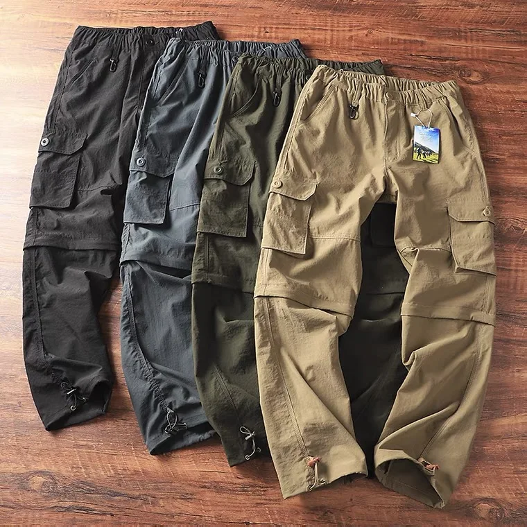 Spring and summer men's thin casual straight tube multi pocket workwear pants with detachable five point shorts trend