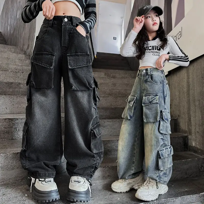 Cargo Jeans for Girls 2024 Spring Loose Casual Elastic Waist Teenage Children Wide Leg Pants Design Streetwear Kids Trousers